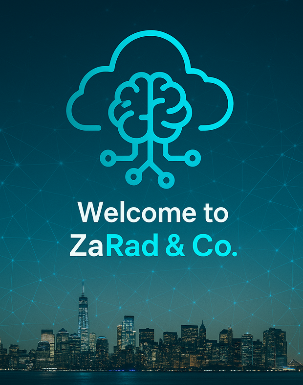 Futuristic digital illustration of a cloud-brain logo glowing in neon cyan, symbolizing ZaRad & Co.'s blend of AI, innovation, and smart systems integration.